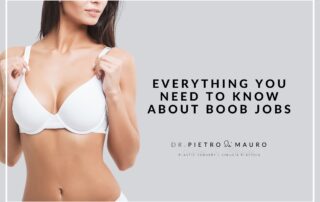 A woman posing, alone in her underwear, holding her bra. With the title of Pietro di Mauro's new blog: Everything you need to know about boob jobs.